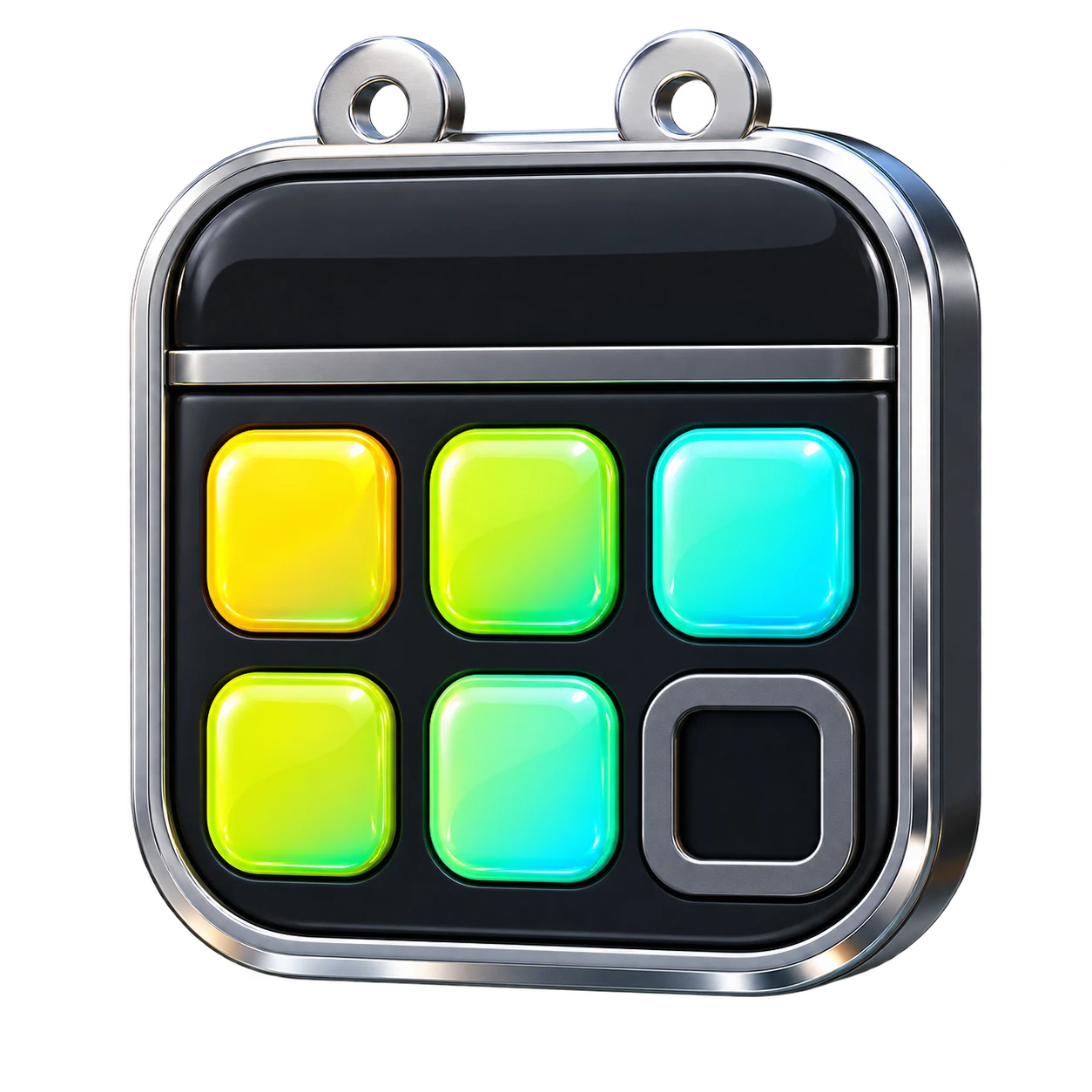 Stacked Out diary logo, rendered in polished metal and coloured enamel